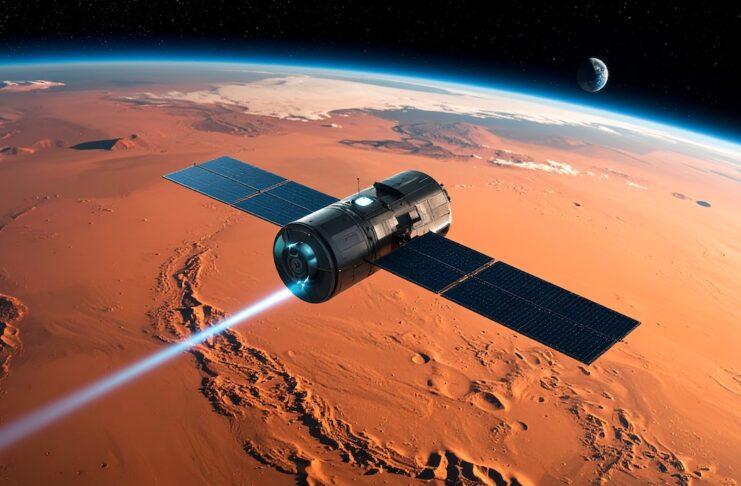 ジェフ・ベゾス「Blue Origin」 NASAと7億ドルの火星通信契約 ――拡大する政府案件と問われる実行能力 autonomous spacecraft with solar panel wings