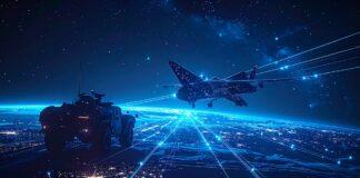 米陸軍、AI戦術情報システムを量産へ パランティア・アンドゥリルに1.92億ドル data streams connecting a satellite, a high-altitude aircraft, and a ground vehicle