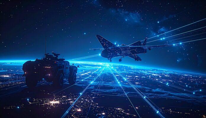 data streams connecting a satellite, a high-altitude aircraft, and a ground vehicle data streams connecting a satellite, a high-altitude aircraft, and a ground vehicle