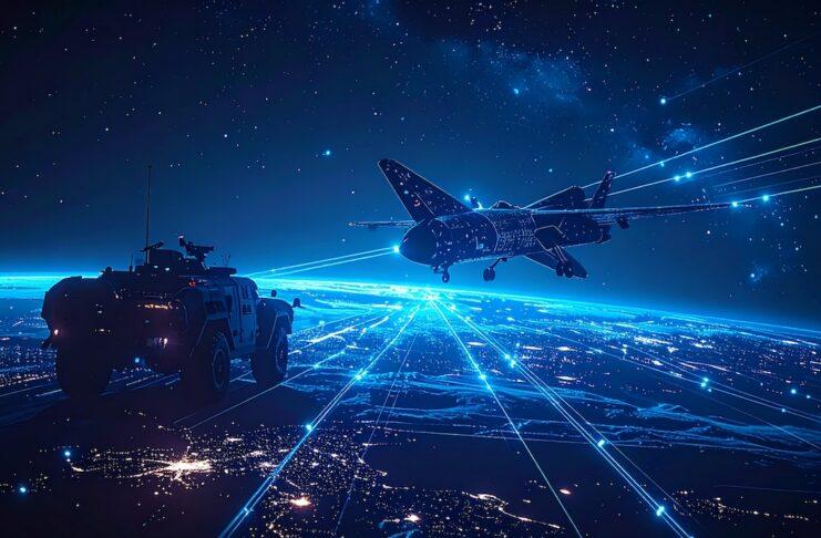 米陸軍、AI戦術情報システムを量産へ パランティア・アンドゥリルに1.92億ドル data streams connecting a satellite, a high-altitude aircraft, and a ground vehicle