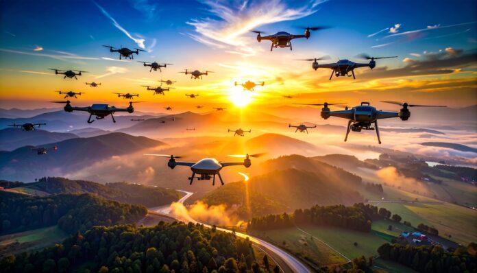 drones flying in tight coordinated formation