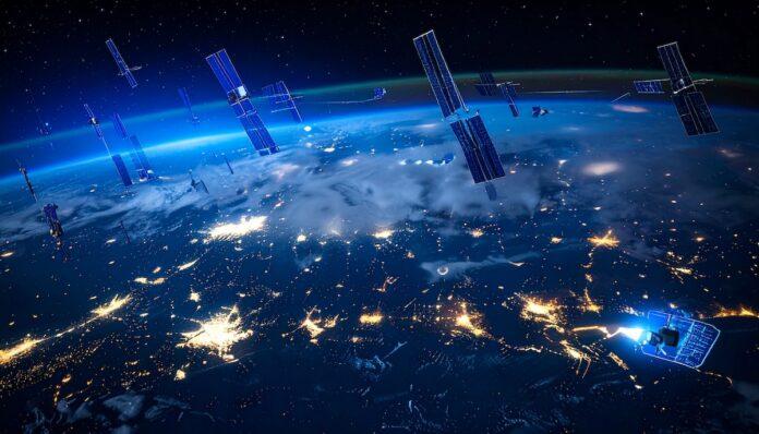 low-Earth orbit satellite constellation 宇宙空間に展開する SB‑AMTI 衛星コンステレーションのイメージ